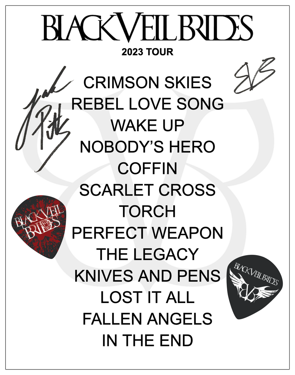 Signed BVB 2023 Tour setlist and two signature Jake Pitts guitar picks.