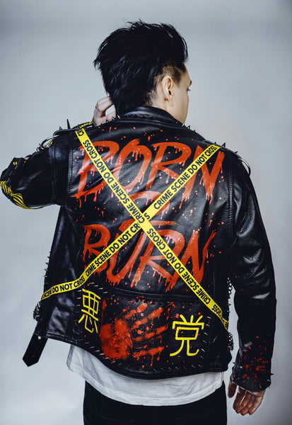 Customized Studded Genuine Leather Jacket Blue Flame – BORN2BURN