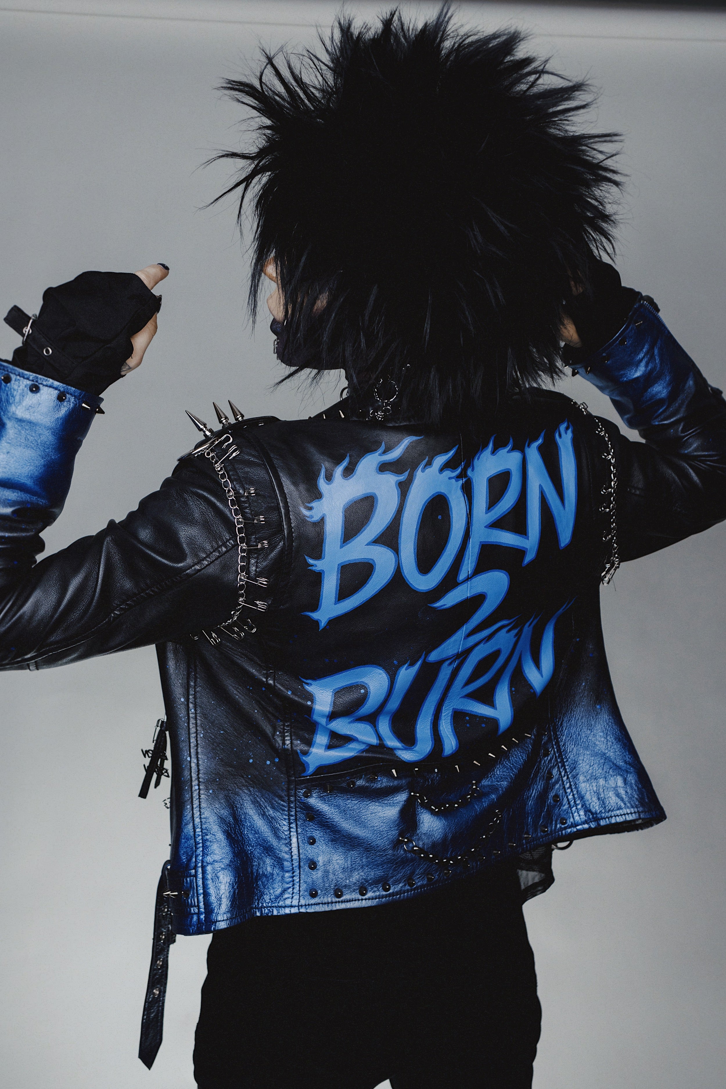 Customized Studded Genuine Leather Jacket Blue Flame – BORN2BURN