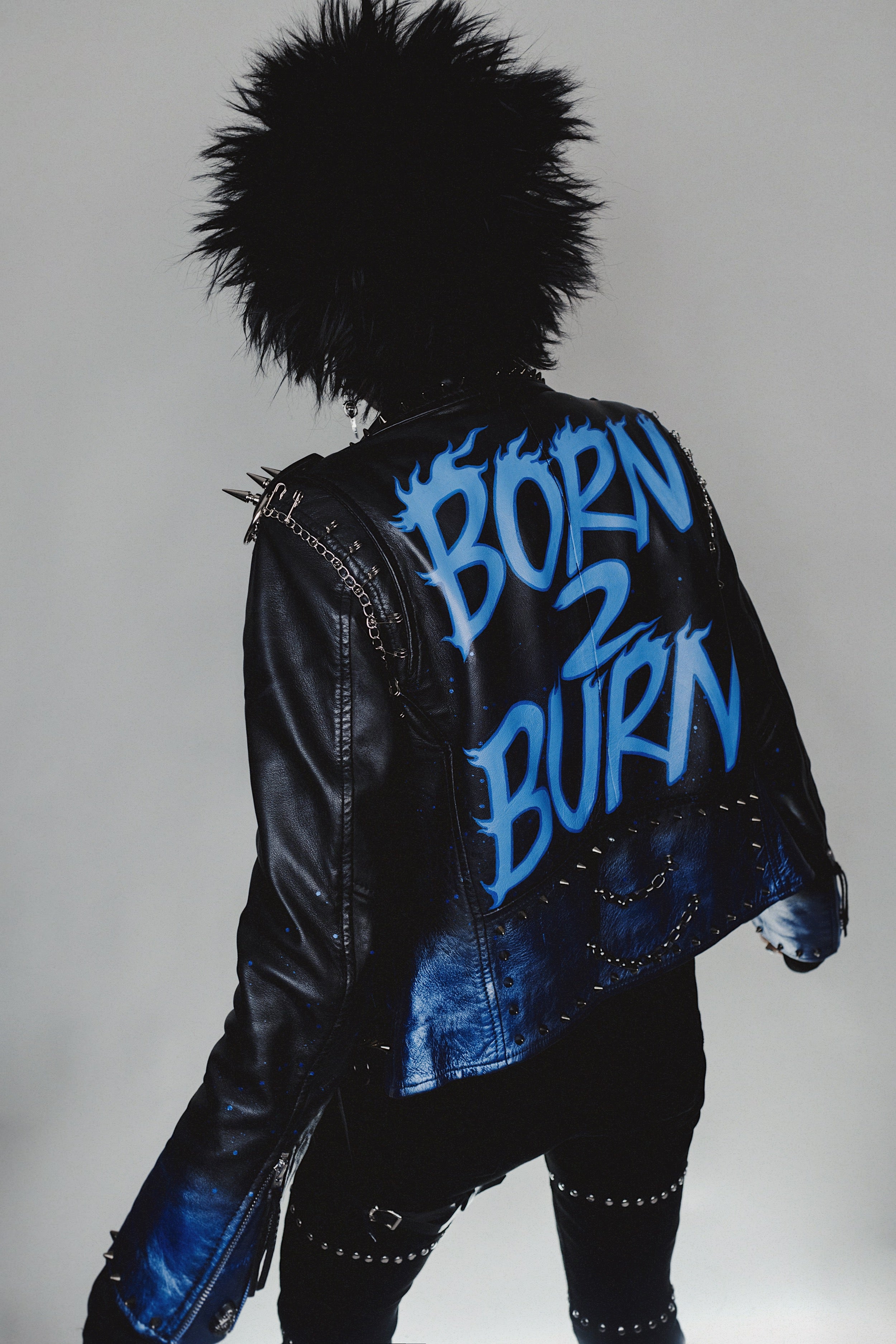 Customized Studded Genuine Leather Jacket "Blue Flame"