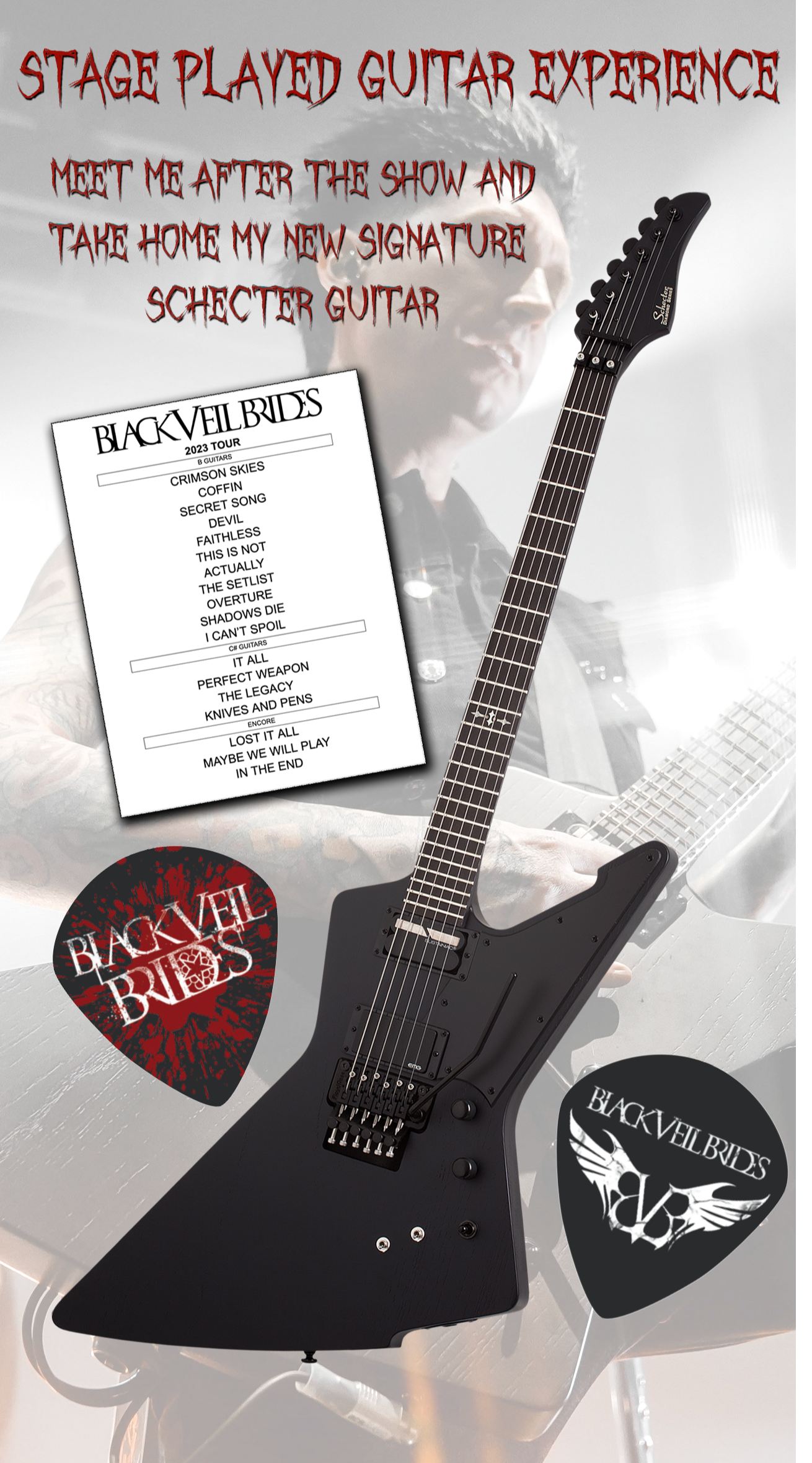 Jake Pitts of Black Veil Brides Signed Schecter Avenger Stage Jake Pitts of Black Veil Brides Signed Schecter Avenger Stage